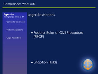Compliance:  What is it? Legal Restrictions Federal Rules of Civil Procedure (FRCP) Litigation Holds Agenda Compliance: What is it? Corporate Governance Federal Regulations Legal Restrictions 