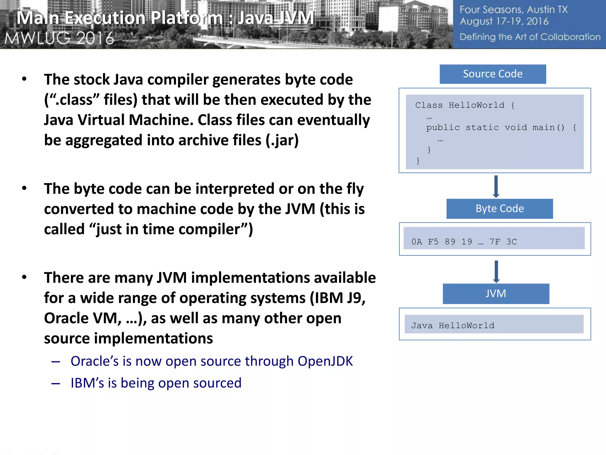 Main Execution Platform : Java JVM
• The stock Java compiler generates byte code
(“.class” files) that will be then executed by the
Java Virtual Machine. Class files can eventually
be aggregated into archive files (.jar)
• The byte code can be interpreted or on the fly
converted to machine code by the JVM (this is
called “just in time compiler”)
• There are many JVM implementations available
for a wide range of operating systems (IBM J9,
Oracle VM, …), as well as many other open
source implementations
– Oracle’s is now open source through OpenJDK
– IBM’s is being open sourced
Source Code
Class HelloWorld {
…
public static void main() {
…
}
}
0A F5 89 19 … 7F 3C
Byte Code
Java HelloWorld
JVM
 