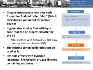 Execution Platform : Android VM
• Google introduced a new byte code
format for Android called “dex” (Dalvik
Executable), optimized for mobile
devices
• It generates smaller files with byte
code that can be processed faster by
the JIT
– ART, released with Android 5.0 also now
pre-compiles the classes (AOT)
• The existing compiled libraries can be
used as is
• Has side effects with dynamic
languages, like Groovy, or Java libraries
containing resources
Source Code
Class HelloWorld {
…
public static void main() {
…
}
}
0A F5 89 19 … 7F 3C
Byte Code
Adb shell … HelloWorld
Dalvik/ART VM
07 6A 46 … 8F 33 15 AC
Dalvik JAR
 