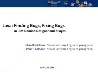 Java: Finding Bugs, Fixing Bugs 
in IBM Domino Designer and XPages 
Julian Robichaux Senior Software Engineer, panagenda 
Paul T. Calhoun Senior Software Engineer, panagenda 
MWLUG 2014 
 