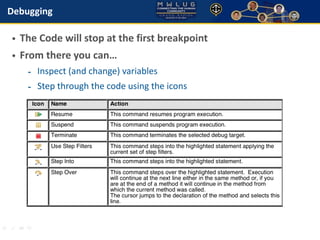 Debugging 
• The Code will stop at the first breakpoint 
• From there you can… 
- Inspect (and change) variables 
- Step t...