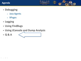 Agenda 
• Debugging 
- Java Agents 
- XPages 
• Logging 
• Using FindBugs 
• Using JConsole and Dump Analysis 
• Q & A 
 