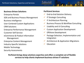 Perficient Solutions, Expertise and Services



  Business-Driven Solutions                       Perficient Services
  Enterprise Portals                               End-to-End Solution Delivery
  SOA and Business Process Management              IT Strategic Consulting
  Business Intelligence                            IT Architecture Planning
  User-Centered Custom Applications                Business Process & Workflow Consulting
  CRM Solutions                                    Usability and UI Consulting
  Enterprise Performance Management                Custom Application Development
  Customer Self-Service                            Offshore Development
  eCommerce & Product Information                  Package Selection, Implementation and
     Management                                      Integration
  Enterprise Content Management                    Architecture & Application Migrations
  Industry-Specific Solutions                      Education
  Mobile Technology
  Security Assessments

        Perficient brings deep solutions expertise and offers a complete set of flexible
                services to help clients implement business-driven IT solutions
 