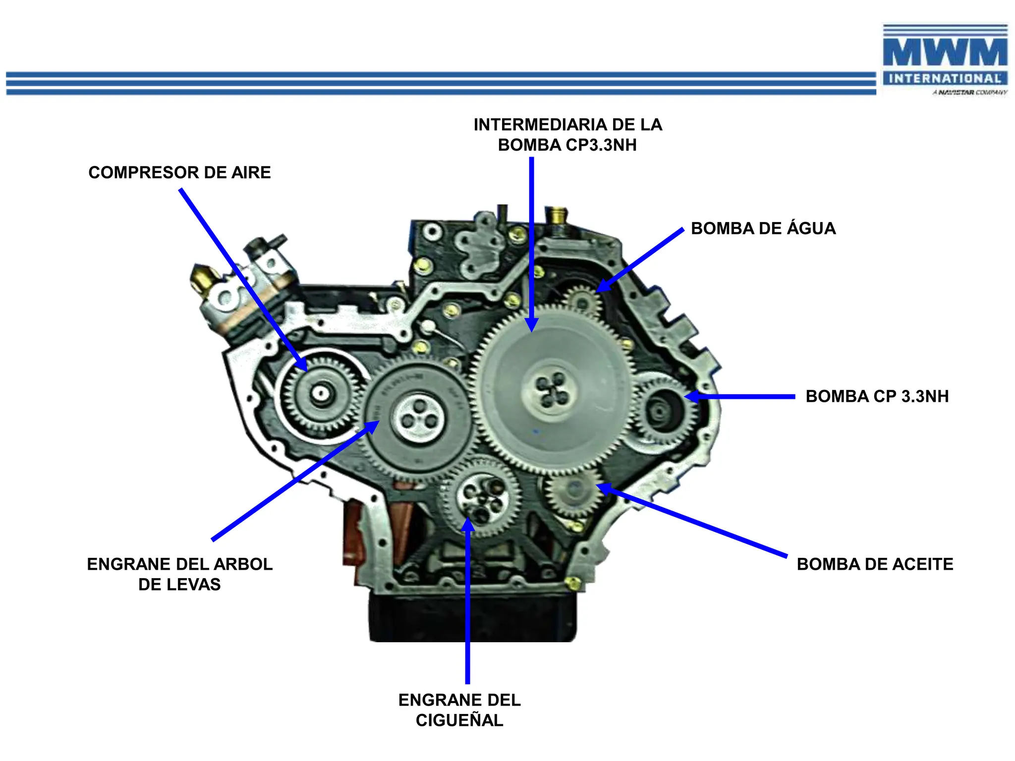 COMPRESOR DE AIRE
ENGRANE DEL ARBOL
DE LEVAS
ENGRANE DEL
CIGUEÑAL
BOMBA DE ACEITE
BOMBA CP 3.3NH
BOMBA DE ÁGUA
INTERMEDIARIA DE LA
BOMBA CP3.3NH
 