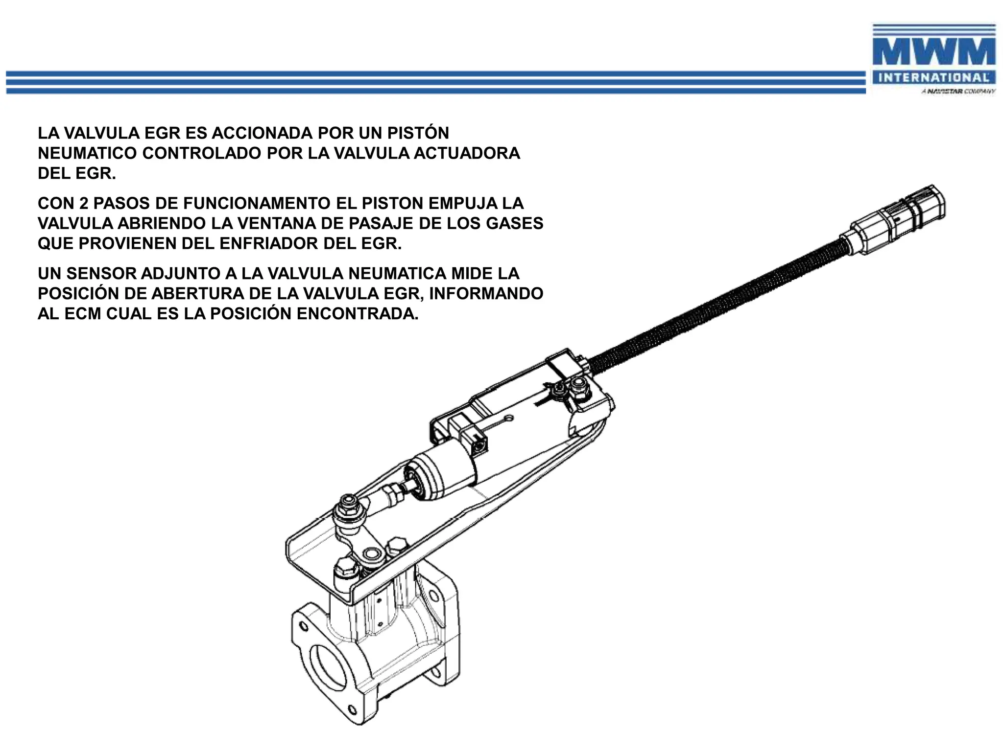 LA VALVULA EGR ES ACCIONADA POR UN PISTÓN
NEUMATICO CONTROLADO POR LA VALVULA ACTUADORA
DEL EGR.
CON 2 PASOS DE FUNCIONAMENTO EL PISTON EMPUJA LA
VALVULA ABRIENDO LA VENTANA DE PASAJE DE LOS GASES
QUE PROVIENEN DEL ENFRIADOR DEL EGR.
UN SENSOR ADJUNTO A LA VALVULA NEUMATICA MIDE LA
POSICIÓN DE ABERTURA DE LA VALVULA EGR, INFORMANDO
AL ECM CUAL ES LA POSICIÓN ENCONTRADA.
 