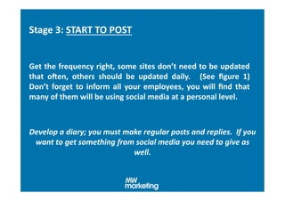 Stage	
  3:	
  START	
  TO	
  POST	
  


Get	
  the	
  frequency	
  right,	
  some	
  sites	
  don’t	
  need	
  to	
  be	
  updated	
  
that	
   oZen,	
   others	
   should	
   be	
   updated	
   daily.	
   	
   (See	
   ﬁgure	
   1)	
  	
  
Don’t	
   forget	
   to	
   inform	
   all	
   your	
   employees,	
   you	
   will	
   ﬁnd	
   that	
  
many	
  of	
  them	
  will	
  be	
  using	
  social	
  media	
  at	
  a	
  personal	
  level.	
  	
  



Develop	
  a	
  diary;	
  you	
  must	
  make	
  regular	
  posts	
  and	
  replies.	
  	
  If	
  you	
  
 want	
  to	
  get	
  something	
  from	
  social	
  media	
  you	
  need	
  to	
  give	
  as	
  
                                           well.	
  
 