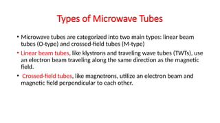 Types of Microwave Tubes
• Microwave tubes are categorized into two main types: linear beam
tubes (O-type) and crossed-field tubes (M-type)
• Linear beam tubes, like klystrons and traveling wave tubes (TWTs), use
an electron beam traveling along the same direction as the magnetic
field.
• Crossed-field tubes, like magnetrons, utilize an electron beam and
magnetic field perpendicular to each other.
 