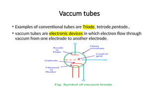 Vaccum tubes
• Examples of conventional tubes are Triode, tetrode,pentode..
• vaccum tubes are electronic devices in which electron flow through
vaccum from one electrode to another electrode.
 