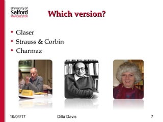 Which version?Which version?
• Glaser
• Strauss & Corbin
• Charmaz
10/04/17 Dilla Davis 7
 