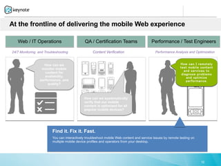 At the frontline of delivering the mobile Web experience

   Web / IT Operations                        QA / Certification Teams                   Performance / Test Engineers

24/7 Monitoring and Troubleshooting                Content Verification                     Performance Analysis and Optimization


                   How can we                                                                               How can I remotely
                  monitor mobile                                                                            test mobile content
                                                                                                              and services to
                    content for                                                                              diagnose problems
                    availability,                                                                               and optimize
                 performance, and                                                                               performance.
                      quality?



                                             How can we systematically
                                             verify that our mobile
                                             content is optimized for all
                                             popular mobile devices?




                         Find it. Fix it. Fast.
                         You can interactively troubleshoot mobile Web content and service issues by remote testing on
                         multiple mobile device profiles and operators from your desktop.




                                                                                                                         10
 