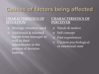 CHARACTERISTICS OF
SITUATION
CHARACTERISTICS OF
PERCEIVER
 Strategic situation need
 Additional & talented
inputs from manager as
well as their
subordinates in the
process of decision
making.
 Needs & motive
 Self concept
 Past experiences
 Current psychological
or emotional state
 