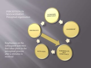 PERCEPTION IN
MANAGEMENT
Perceptual organisation
Emphasizes on the
subsequent activities
that takes place in the
perceptual process
after a stimulus is
received
 