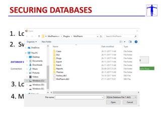 1. Login
2. Switch between the databases:
3. Login again
4. Manage users
SECURING DATABASES
 