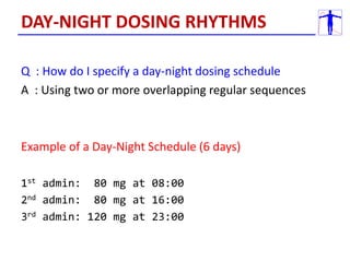 Q : How do I specify a day-night dosing schedule
A : Using two or more overlapping regular sequences
Example of a Day-Night Schedule (6 days)
1st admin: 80 mg at 08:00
2nd admin: 80 mg at 16:00
3rd admin: 120 mg at 23:00
DAY-NIGHT DOSING RHYTHMS
 