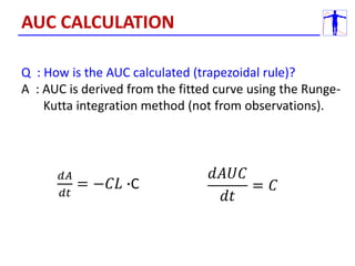 Q : How is the AUC calculated (trapezoidal rule)?
A : AUC is derived from the fitted curve using the Runge-
Kutta integration method (not from observations).
𝑑𝐴
𝑑𝑡
= −𝐶𝐿 ∙C
𝑑𝐴𝑈𝐶
𝑑𝑡
= 𝐶
AUC CALCULATION
 
