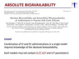 ABSOLUTE BIOAVAILABILITY
Lesson
Combination of IV and EV administrations in a single model
requires knowledge of the absolute bioavailability.
Such models may not contain CL/F, Q/F and V/F parameters!
 