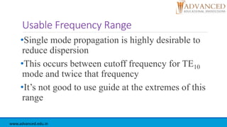 Usable Frequency Range
•Single mode propagation is highly desirable to
reduce dispersion
•This occurs between cutoff frequency for TE10
mode and twice that frequency
•It’s not good to use guide at the extremes of this
range
www.advanced.edu.in
 