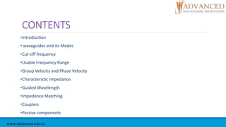 CONTENTS
•Introduction
• waveguides and its Modes
•Cut-off frequency
•Usable Frequency Range
•Group Velocity and Phase Velocity
•Characteristic Impedance
•Guided Wavelength
•Impedance Matching
•Couplers
•Passive components
www.advanced.edu.in
 