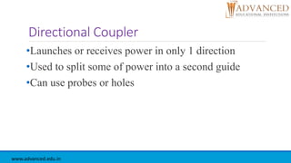 Directional Coupler
•Launches or receives power in only 1 direction
•Used to split some of power into a second guide
•Can use probes or holes
www.advanced.edu.in
 