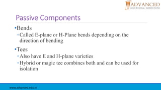 Passive Components
•Bends
◦Called E-plane or H-Plane bends depending on the
direction of bending
•Tees
◦Also have E and H-plane varieties
◦Hybrid or magic tee combines both and can be used for
isolation
www.advanced.edu.in
 