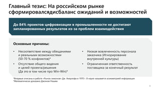 Главный тезис: На российском рынке
сформировалсядисбаланс ожиданий и возможностей
8
До 84% проектов цифровизации в промышленности не достигают
запланированных результатов из-за проблем взаимодействия
*Впервые описаны в работе «Рынок лимонов» Дж. Акерлофа в 1970 г. В науке называется асимметрией информации
*Математически доказано Джоном Нэшем
Основные причины:
• Несоответствие между обещаниями
и реальными возможностями
(50-70 % конфликтов)*
• Отсутствие общего видения
и целей проекта/решения
(Да это в том числе про Win-Win)*
• Низкая вовлеченность персонала
заказчика (Игнорирование
внутренней культуры)
• Ограниченная ответственность
поставщика за конечный результат
 