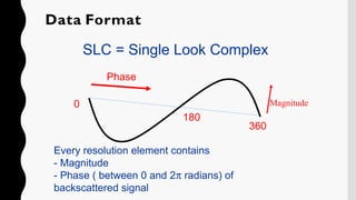Data Format
SLC = Single Look Complex
Every resolution element contains
- Magnitude
- Phase ( between 0 and 2p radians) of
backscattered signal
Phase
0
180
360
Magnitude
 