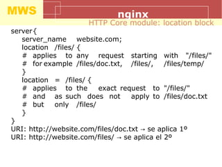 MWS nginx
server{
server_name website.com;
location /files/ {
# applies to any request starting with "/files/"
# for example /files/doc.txt, /files/, /files/temp/
}
location = /files/ {
# applies to the exact request to "/files/"
# and as such does not apply to /files/doc.txt
# but only /files/
}
}
URI: http://website.com/files/doc.txt se aplica 1º→
URI: http://website.com/files/ se aplica el 2º→
HTTP Core module: location block
 