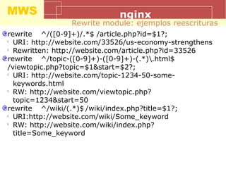 MWS nginx
Rewrite module: ejemplos reescrituras
rewrite ^/([0-9]+)/.*$ /article.php?id=$1?;
l
URI: http://website.com/33526/us-economy-strengthens
l
Rewritten: http://website.com/article.php?id=33526
rewrite ^/topic-([0-9]+)-([0-9]+)-(.*).html$
/viewtopic.php?topic=$1&start=$2?;
l
URI: http://website.com/topic-1234-50-some-
keywords.html
l
RW: http://website.com/viewtopic.php?
topic=1234&start=50
rewrite ^/wiki/(.*)$ /wiki/index.php?title=$1?;
l
URI:http://website.com/wiki/Some_keyword
l
RW: http://website.com/wiki/index.php?
title=Some_keyword
 