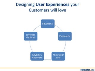 Designing User Experiences your
      Customers will love

                 Situational



    Leverage
                                Purposeful
    Platforms




         Anytime /         Know your
         Anywhere            user
 