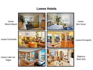 Loews Hotels
Loews
Don Cesar
Loews
Miami Beach
Loews Coronado
Loews Lake Las
Vegas
Loews Annapolis
Regency
New York
 