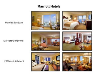 Marriott Hotels
Marriott San Juan
Marriott Glenpointe
J W Marriott Miami
 