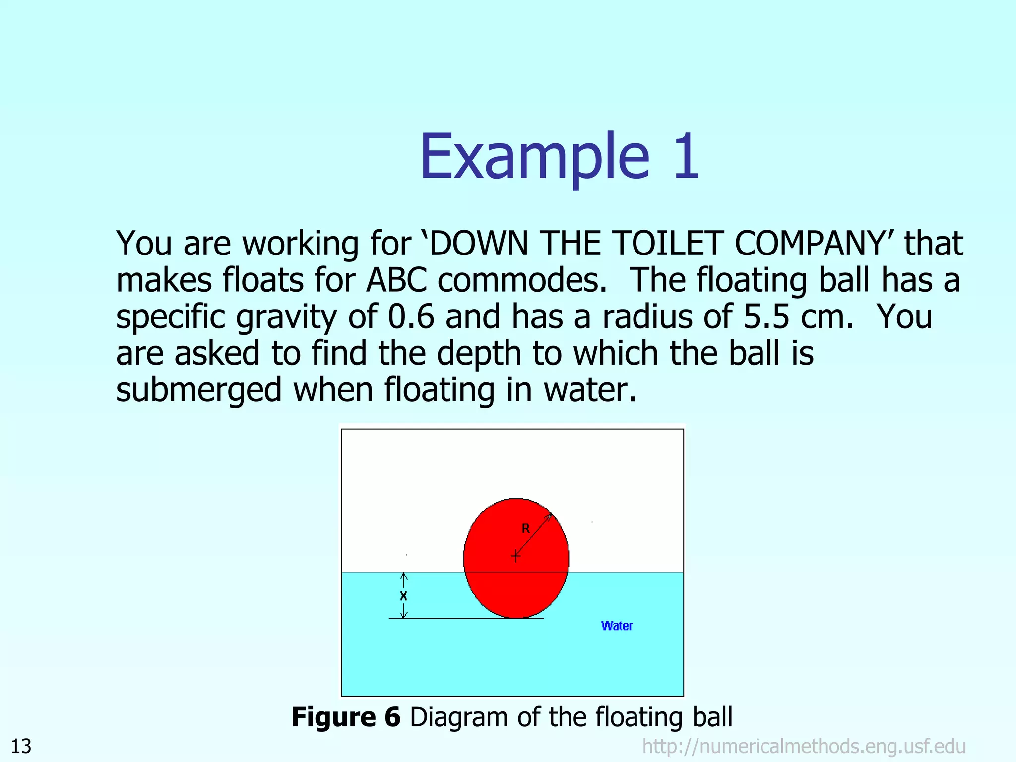 http://numericalmethods.eng.usf.edu
13
Example 1
You are working for ‘DOWN THE TOILET COMPANY’ that
makes floats for ABC commodes. The floating ball has a
specific gravity of 0.6 and has a radius of 5.5 cm. You
are asked to find the depth to which the ball is
submerged when floating in water.
Figure 6 Diagram of the floating ball
 