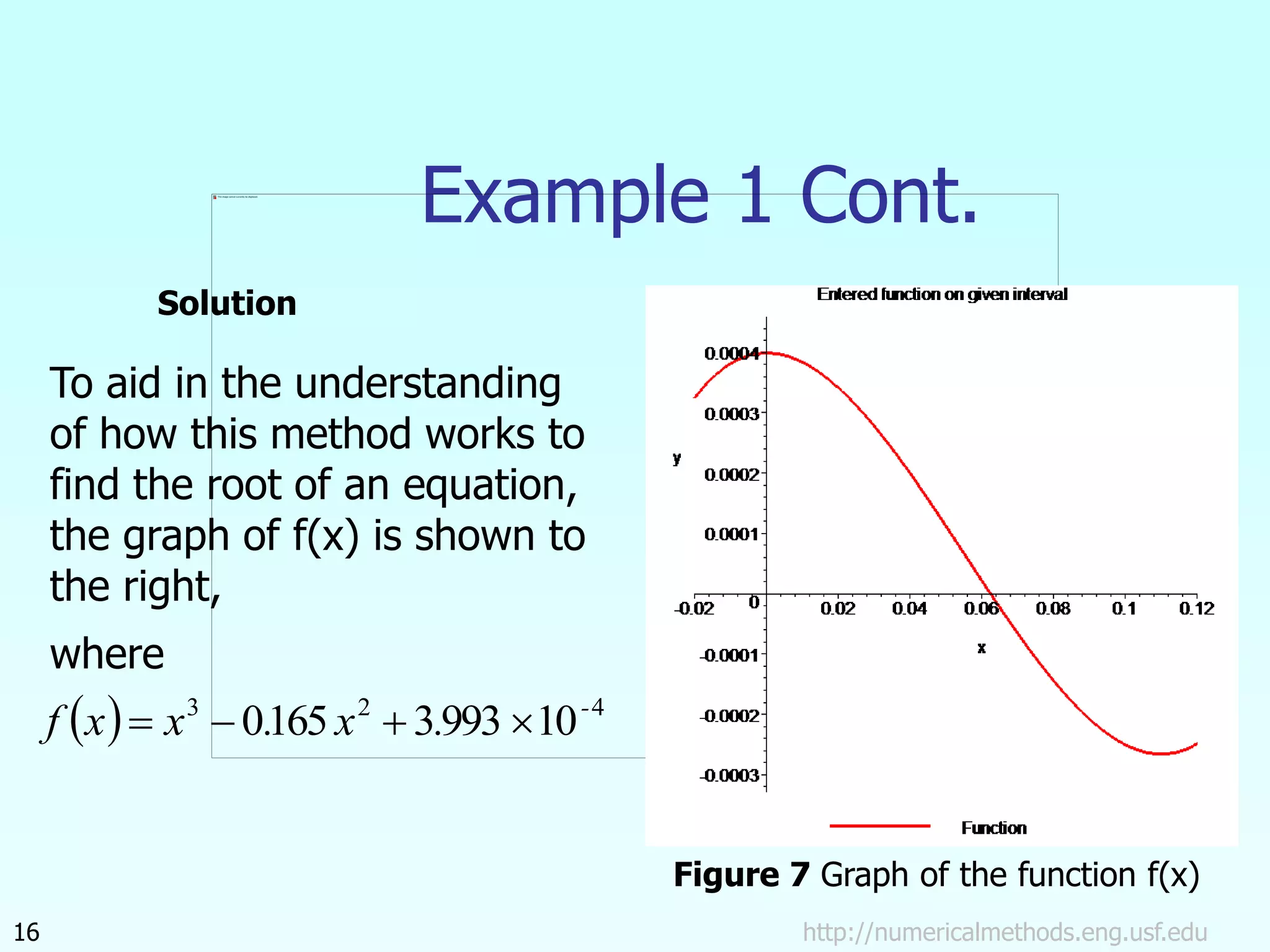 To aid in the understanding
of how this method works to
find the root of an equation,
the graph of f(x) is shown to
the right,
where
http://numericalmethods.eng.usf.edu
16
Example 1 Cont.
  4
2
3
10
993
3
165
0 -
.
x
.
x
x
f 



Figure 7 Graph of the function f(x)
Solution
 