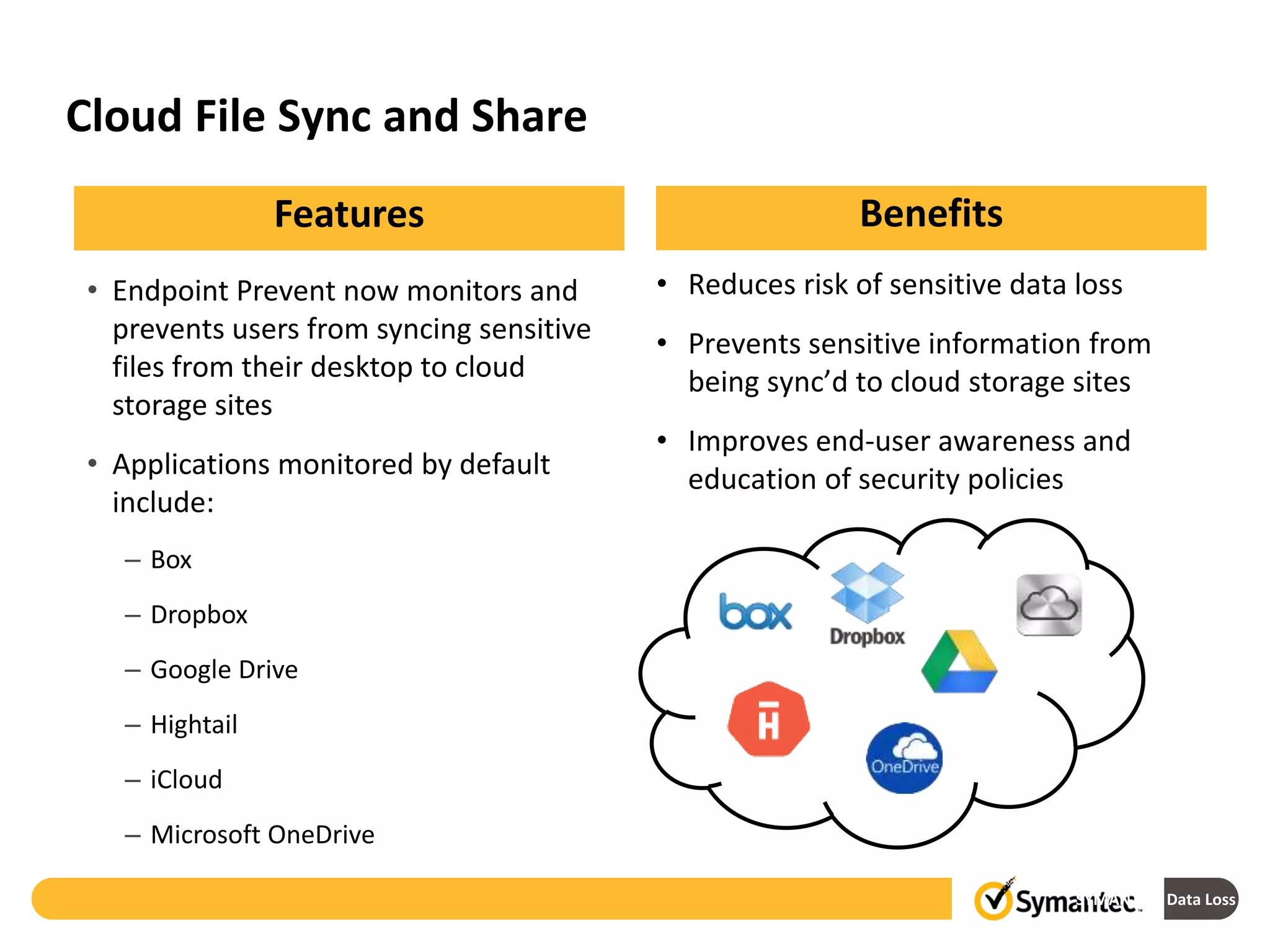 Cloud File Sync and Share
SYMANTEC: Data Loss Prev
• Endpoint Prevent now monitors and
prevents users from syncing sensitive
files from their desktop to cloud
storage sites
• Applications monitored by default
include:
– Box
– Dropbox
– Google Drive
– Hightail
– iCloud
– Microsoft OneDrive
BenefitsFeatures
• Reduces risk of sensitive data loss
• Prevents sensitive information from
being sync’d to cloud storage sites
• Improves end-user awareness and
education of security policies
 