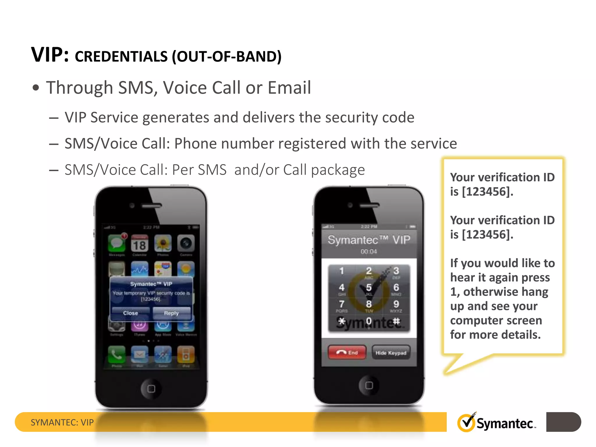 VIP: CREDENTIALS (OUT-OF-BAND)
• Through SMS, Voice Call or Email
– VIP Service generates and delivers the security code
– SMS/Voice Call: Phone number registered with the service
– SMS/Voice Call: Per SMS and/or Call package
SYMANTEC: VIP
Your verification ID
is [123456].
Your verification ID
is [123456].
If you would like to
hear it again press
1, otherwise hang
up and see your
computer screen
for more details.
 