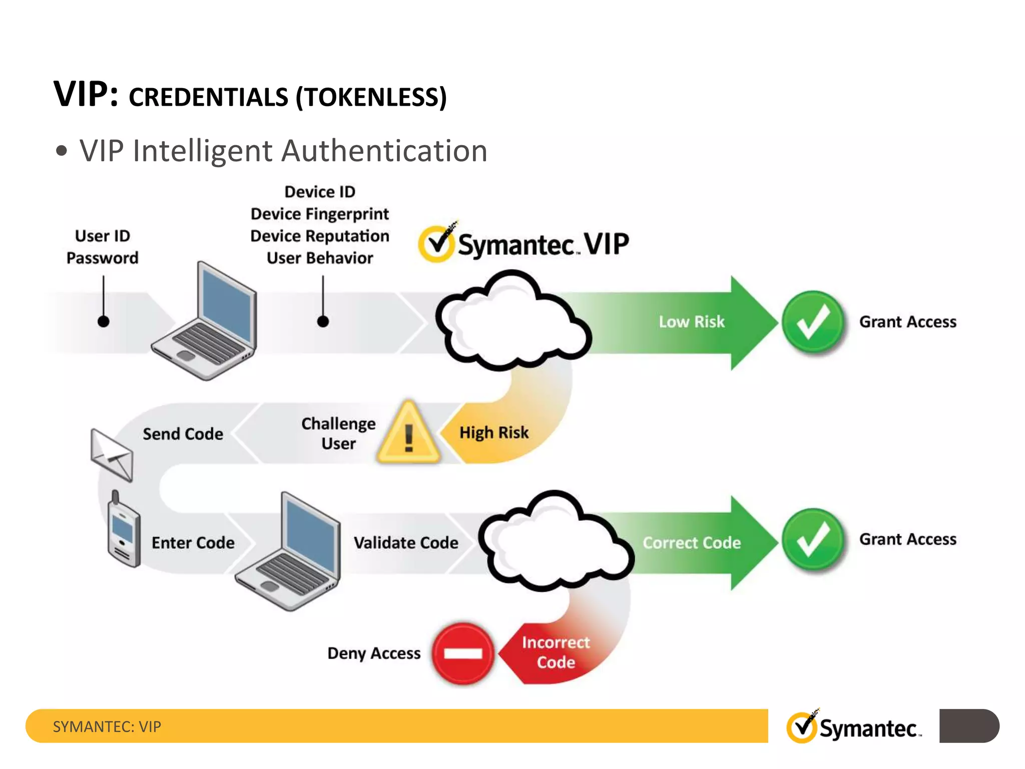 VIP: CREDENTIALS (TOKENLESS)
• VIP Intelligent Authentication
SYMANTEC: VIP
 