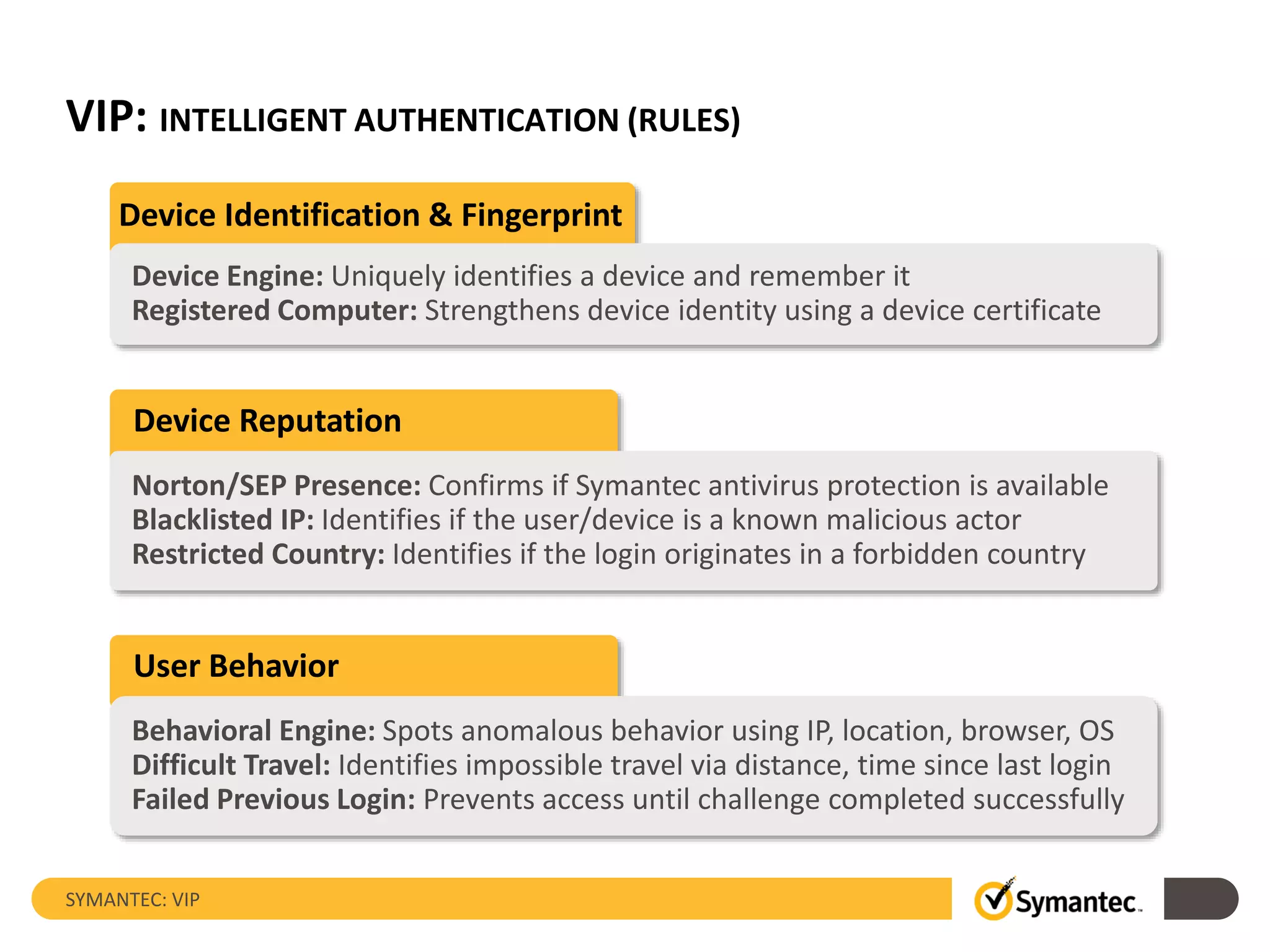 VIP: INTELLIGENT AUTHENTICATION (RULES)
SYMANTEC: VIP
Device Identification & Fingerprint
Device Engine: Uniquely identifies a device and remember it
Registered Computer: Strengthens device identity using a device certificate
Norton/SEP Presence: Confirms if Symantec antivirus protection is available
Blacklisted IP: Identifies if the user/device is a known malicious actor
Restricted Country: Identifies if the login originates in a forbidden country
Device Reputation
Behavioral Engine: Spots anomalous behavior using IP, location, browser, OS
Difficult Travel: Identifies impossible travel via distance, time since last login
Failed Previous Login: Prevents access until challenge completed successfully
User Behavior
 