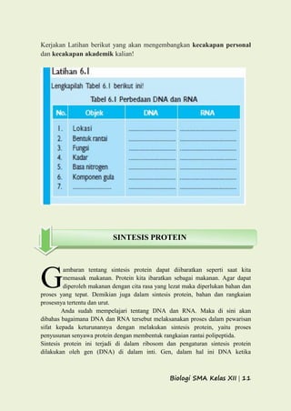 Biologi SMA Kelas XII | 11
Kerjakan Latihan berikut yang akan mengembangkan kecakapan personal
dan kecakapan akademik kalian!
ambaran tentang sintesis protein dapat diibaratkan seperti saat kita
memasak makanan. Protein kita ibaratkan sebagai makanan. Agar dapat
diperoleh makanan dengan cita rasa yang lezat maka diperlukan bahan dan
proses yang tepat. Demikian juga dalam sintesis protein, bahan dan rangkaian
prosesnya tertentu dan urut.
Anda sudah mempelajari tentang DNA dan RNA. Maka di sini akan
dibahas bagaimana DNA dan RNA tersebut melaksanakan proses dalam pewarisan
sifat kepada keturunannya dengan melakukan sintesis protein, yaitu proses
penyusunan senyawa protein dengan membentuk rangkaian rantai polipeptida.
Sintesis protein ini terjadi di dalam ribosom dan pengaturan sintesis protein
dilakukan oleh gen (DNA) di dalam inti. Gen, dalam hal ini DNA ketika
G
SINTESIS PROTEIN
 