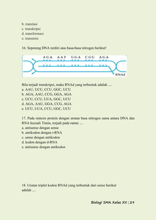 Biologi SMA Kelas XII | 29
b. translasi
c. transkripsi
d. transformasi
e. transmisi
16. Sepotong DNA terdiri atas basa-basa nitrogen berikut!
Bila terjadi transkripsi, maka RNAd yang terbentuk adalah ....
a. AAU, UCU, CCU, GGC, UCU
b. AGA, AAU, CCG, GGA, AGA
c. UCU, CCU, UUA, GGC, UCU
d. AGA, AAU, GGA, CCG, AGA
e. UCU, UUA, CCU, GGC, UCU
17. Pada sintesis protein dengan urutan basa nitrogen sama antara DNA dan
RNA kecuali Timin, terjadi pada rantai ....
a. antisense dengan sense
b. antikodon dengan t-RNA
c. sense dengan antikodon
d. kodon dengan d-RNA
e. antisense dengan antikodon
18. Urutan triplet kodon RNAd yang terbentuk dari sense berikut
adalah ....
 