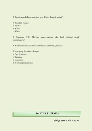 Biologi SMA Kelas XII | 31
2. Bagaimana hubungan antara gen, DNA, dan nukleotida?
3. Jelaskan fungsi:
a. RNAd
b. RNAt
c. RNAr
3. Mengapa T.H. Morgan menggunakan lalat buah sebagai objek
penelitiannya?
4. Kromosom diklasifikasikan menjadi 2 macam, jelaskan!
5. Apa yang dimaksud dengan:
a. Gen dominan
b. Fenotipe
c. Genotipe
d. Homozigot dominan
DAFTAR PUSTAKA
 