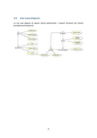 6
2.2 Use case diagram
Lo use case diagram di seguito riporta graficamente i requisiti funzionali del sistema
precedentemente descritti.
 