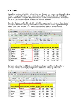 SORTING
One of the most useful abilities of Excel is to sort the data into a more revealing order. Too
often, we are given...