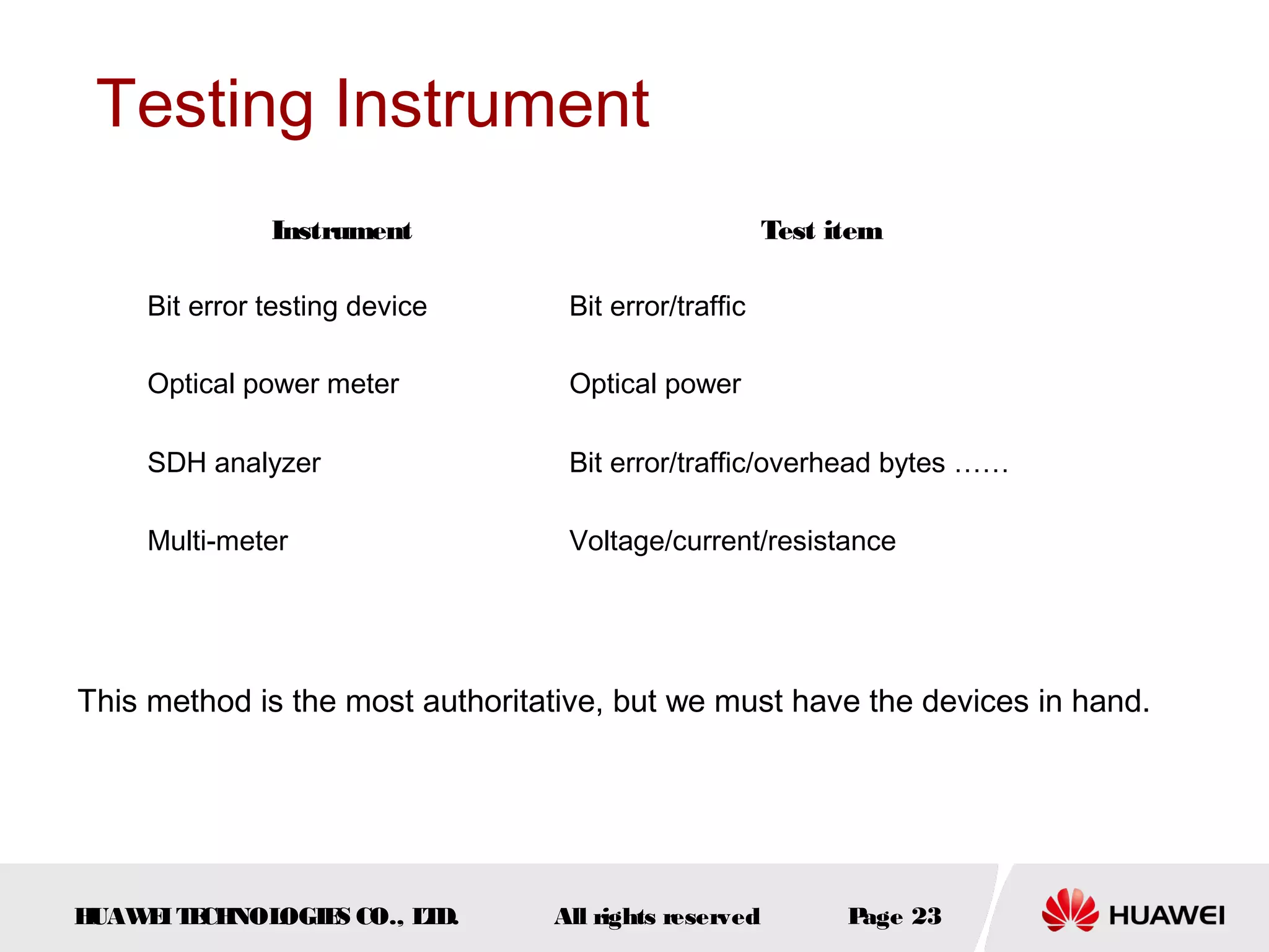Testing Instrument
Instrument

Test item

Bit error testing device

Bit error/traffic

Optical power meter

Optical power

SDH analyzer

Bit error/traffic/overhead bytes ……

Multi-meter

Voltage/current/resistance

This method is the most authoritative, but we must have the devices in hand.

H
UAW I T CH
E E NOL
OGIE CO., L D.
S
T

All rights reserved

P
age 23

 