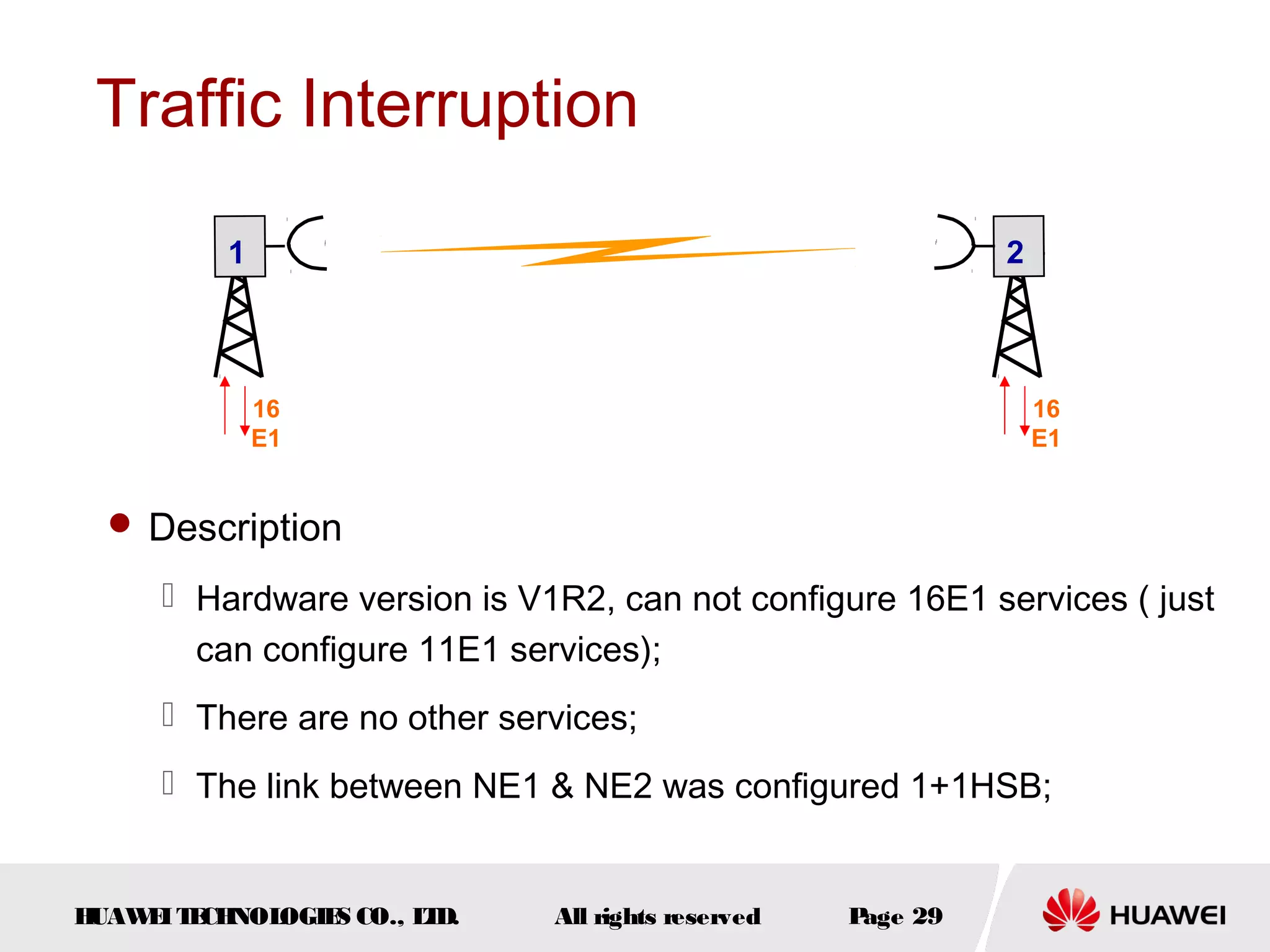 Traffic Interruption
2

1

16
E1

16
E1

 Description

 Hardware version is V1R2, can not configure 16E1 services ( just
can configure 11E1 services);
 There are no other services;
 The link between NE1 & NE2 was configured 1+1HSB;

H
UAW I T CH
E E NOL
OGIE CO., L D.
S
T

All rights reserved

P
age 29

 