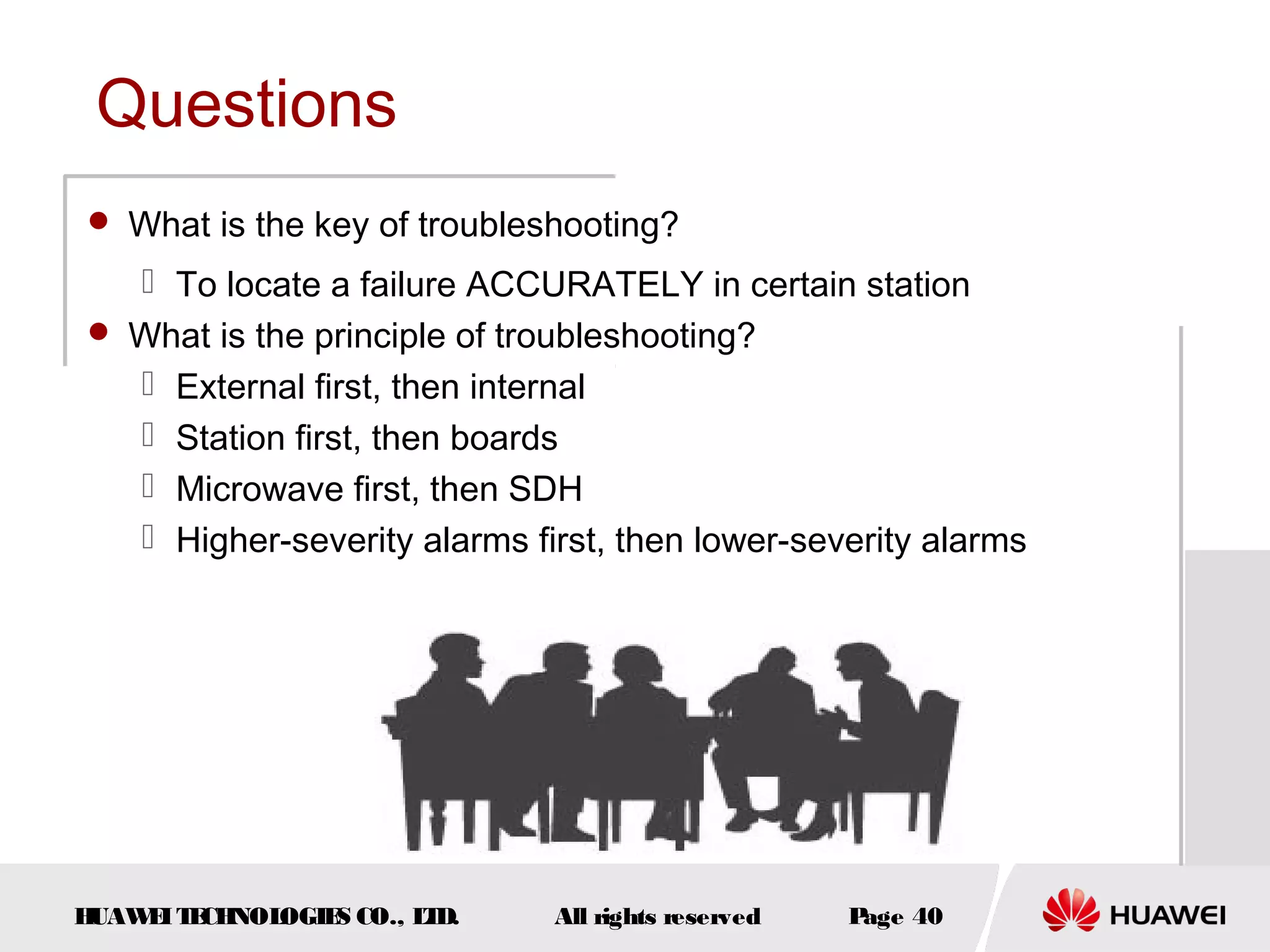 Questions
 What is the key of troubleshooting?

 To locate a failure ACCURATELY in certain station
 What is the principle of troubleshooting?
 External first, then internal
 Station first, then boards
 Microwave first, then SDH
 Higher-severity alarms first, then lower-severity alarms

H
UAW I T CH
E E NOL
OGIE CO., L D.
S
T

All rights reserved

P
age 40

 