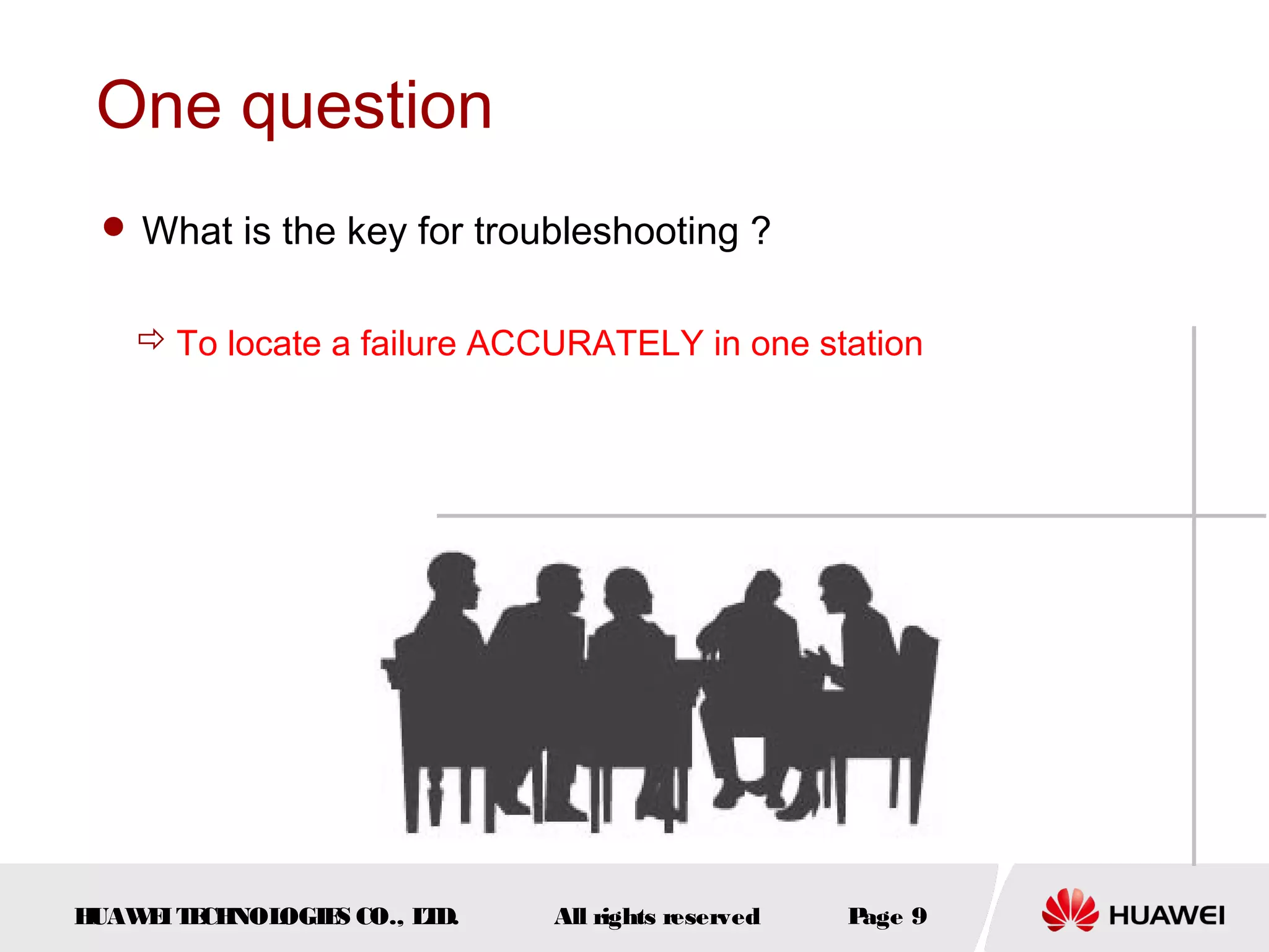 One question
 What is the key for troubleshooting ?

 To locate a failure ACCURATELY in one station

H
UAW I T CH
E E NOL
OGIE CO., L D.
S
T

All rights reserved

P
age 9

 
