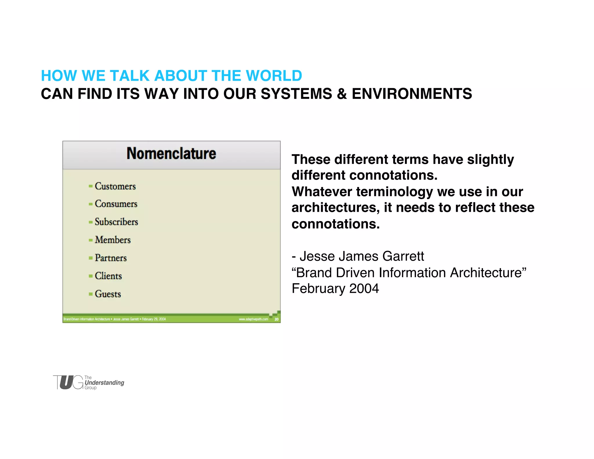 HOW WE TALK ABOUT THE WORLD 
CAN FIND ITS WAY INTO OUR SYSTEMS & ENVIRONMENTS!

These different terms have slightly
different connotations. !
Whatever terminology we use in our
architectures, it needs to reﬂect these
connotations. !
!
- Jesse James Garrett !
“Brand Driven Information Architecture” !
February 2004!

 