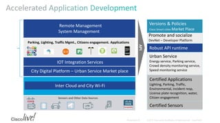 Remote Management
System Management
Parking, Lighting, Traffic Mgmt., Citizens engagement. Applications
Inter Cloud and City Wi-Fi
Sensors and Other Data Sources
Versions & Policies
Cisco Smart cities Market Place
Partners
Robust API runtime
API
City Digital Platform – Urban Service Market place
IOT Integration Services
Promote and socialize
DevNet – Developer Platform
Certified Sensors
Certified Applications
Lighting, Parking, Traffic,
Environmental, incident resp,
License plate recognition, water,
Citizen engagement
Urban Service
Energy service, Parking service,
Crowd density monitoring service,
Speed monitoring service
 
