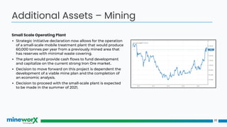 Small Scale Operating Plant
▪ Strategic initiative declaration now allows for the operation
of a small-scale mobile treatment plant that would produce
60,000 tonnes per year from a previously mined area that
has reserves with minimal waste covering.
▪ The plant would provide cash ﬂows to fund development
and capitalize on the current strong Iron Ore market.
▪ Decision to move forward on this project is dependent the
development of a viable mine plan and the completion of
an economic analysis.
▪ Decision to proceed with the small-scale plant is expected
to be made in the summer of 2021.
17
Additional Assets – Mining
 