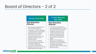 20
Board of Directors - 2 of 2
Curtis Sparrow
BSc, MBA
Non-Executive
Director
- Over 35 years experience in
the ﬁnancial industry.
- President of HDG Holdings,
a Saskatchewan based land
development company. 
- Previously the CEO of
Conexus Credit Union, the
largest Credit Union in
Saskatchewan
- Has served on multiple
previous boards including
the Regina Regional
Economic Development.
- Has become the Chair of the
MWX Audit Committee.
Non-Executive
Director
- Over 35 years experience
providing guidance to small
and mid-sized companies
ranging in sectors from
mining, petrochemicals,
plastics manufacturing,
environmental projects,
gambling and pulp and
paper.
- Fellow of the National
Association of Corporate
Directors serving as Director
for BioNeutra Global,
Northern Alberta Oil & Deep
Well Oil & Gas.
Harvey Granatier
 
